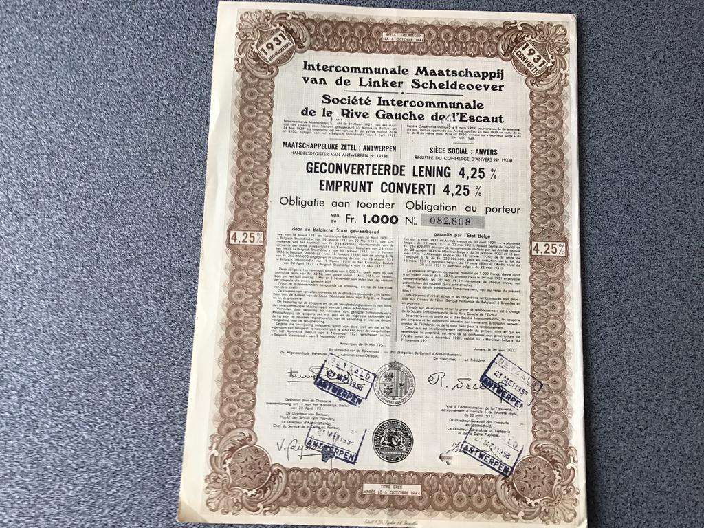 804. Obligatie Linker Scheldeoever, Ophalen of Verzenden, Aandeel