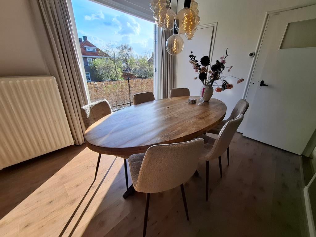 Eettafel mangohout met 6 eettafelstoelen zandkleur, Huis en Inrichting, Tafels | Eettafels, Ophalen, Gebruikt, Mangohout, 200 cm of meer