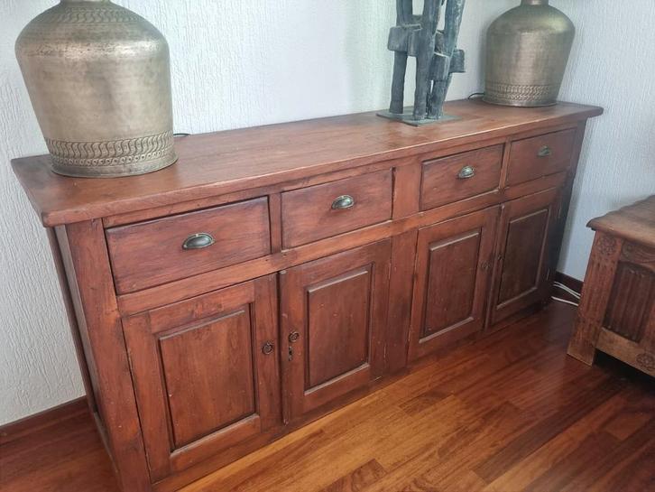 Koloniaal dressoir van teakhout, Huis en Inrichting, Kasten | Dressoirs, Gebruikt, 150 tot 200 cm, 25 tot 50 cm, Met lade(s), Met deur(en)