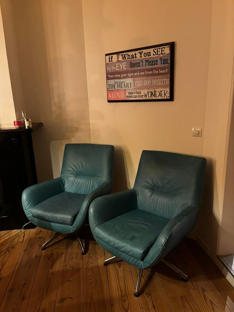 MOET WEG, set leren fauteuils kleur Petrol bieden vanaf €50, Huis en Inrichting, Fauteuils, Ophalen, Zo goed als nieuw, 50 tot 75 cm