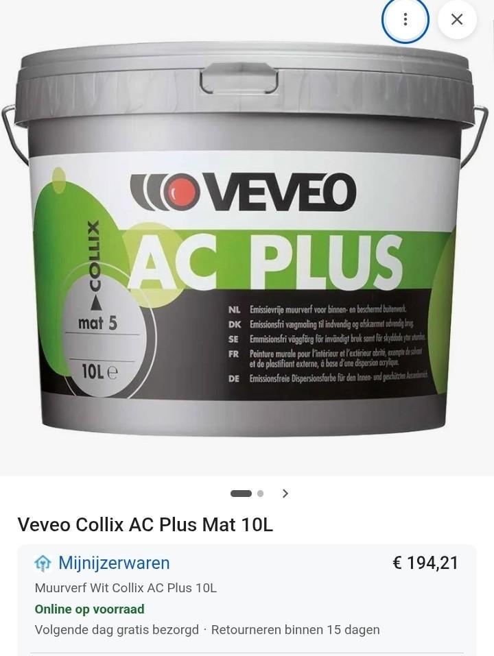 Veveo Ac plus - 10 liter kwaliteit latex muur verf €50,-, Doe-het-zelf en Verbouw, Verf, Beits en Lak, Nieuw, 10 tot 15 liter