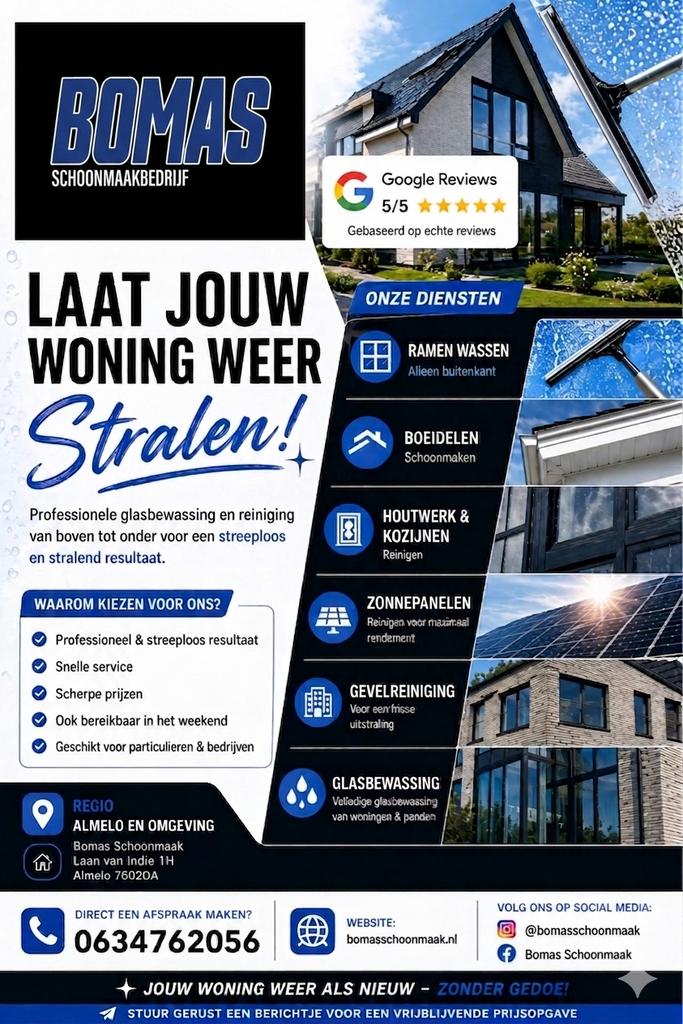 Glazenwasser, Ramenlappen, Zonnenpanelen, Tuckerpole, goten, Schoonmaken bedrijfsruimte