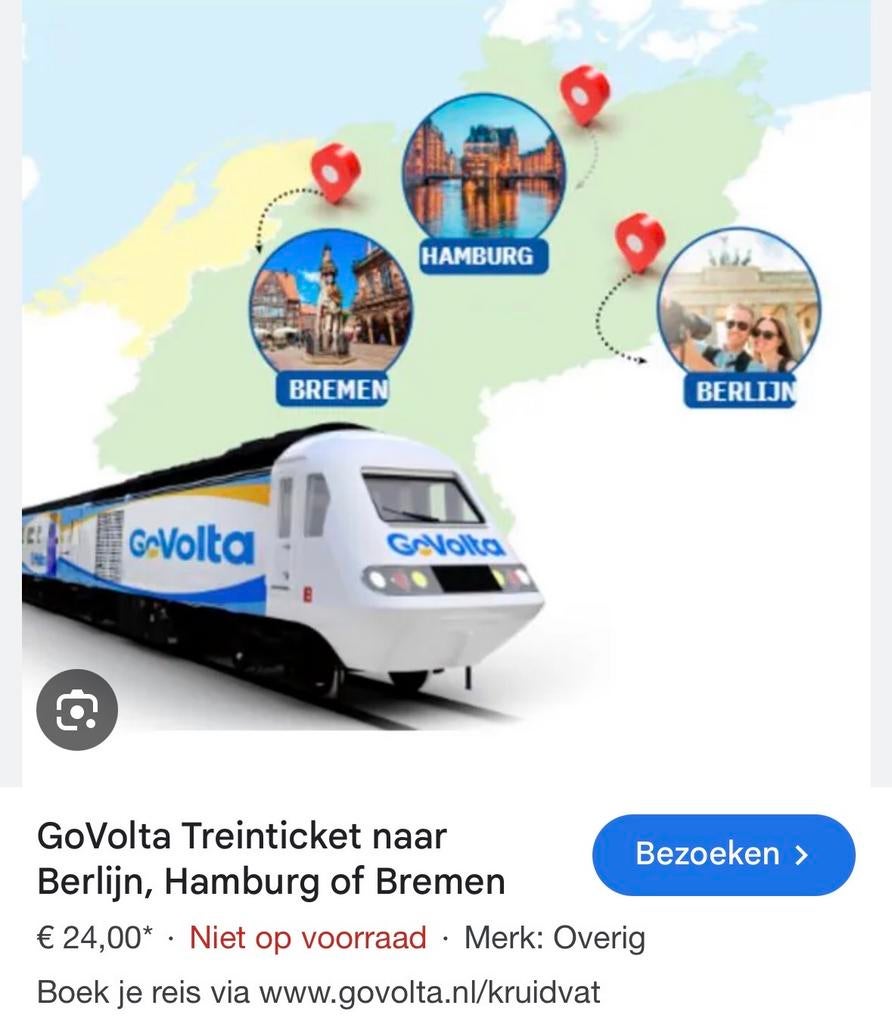 Retour Govolta Kruidvat treinticket Berlijn/Hamburg/Bremen, Tickets en Kaartjes, Eén persoon, Vliegtuig, Met bestemming of datum