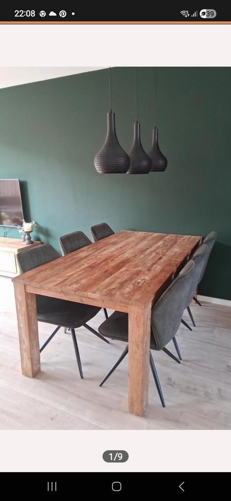 Teak industriële eettafel en  6 stoelen, Huis en Inrichting, Tafels | Eettafels, Ophalen, Teakhout, 50 tot 100 cm, Zo goed als nieuw