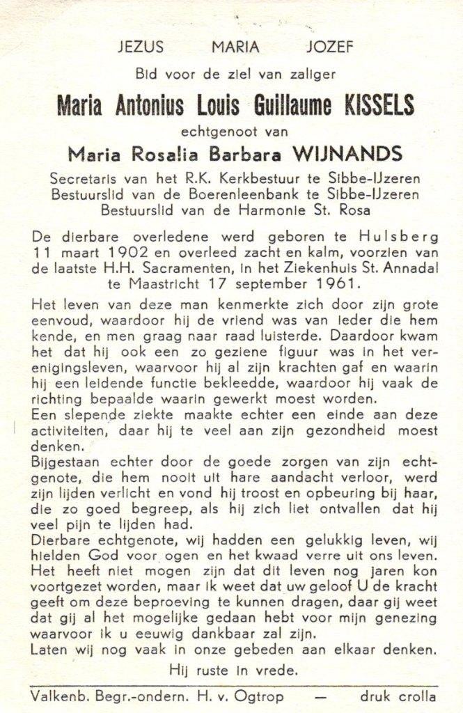 Kissels Maria Ant. L.G. Hulsberg 1902-1961 Sibbe-IJzeren, Ophalen of Verzenden