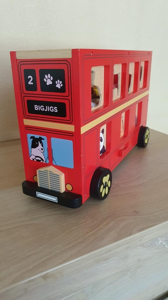 Bigjigs rode houten vormenbus, dierenbus, dubbeldekker., Ophalen of Verzenden, Gebruikt