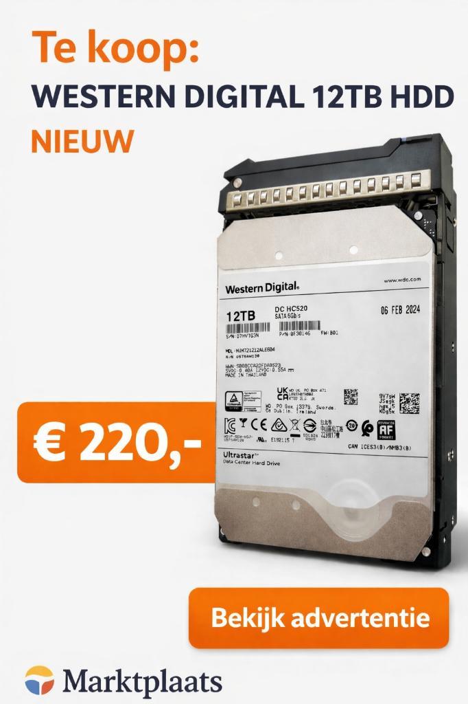 Western Digital Ultrastar DC HC520 12TB HDD / NAS / Server, Computers en Software, Harde schijven, Nieuw, Desktop, Intern, HDD