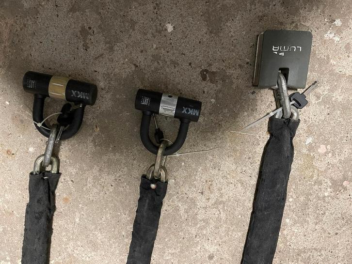 kettingslot; 2x MKX 120 cm  4* art en 1x Luma Escudo 150 cm, Fietsen en Brommers, Fietsaccessoires | Fietssloten, Gebruikt, Kettingslot