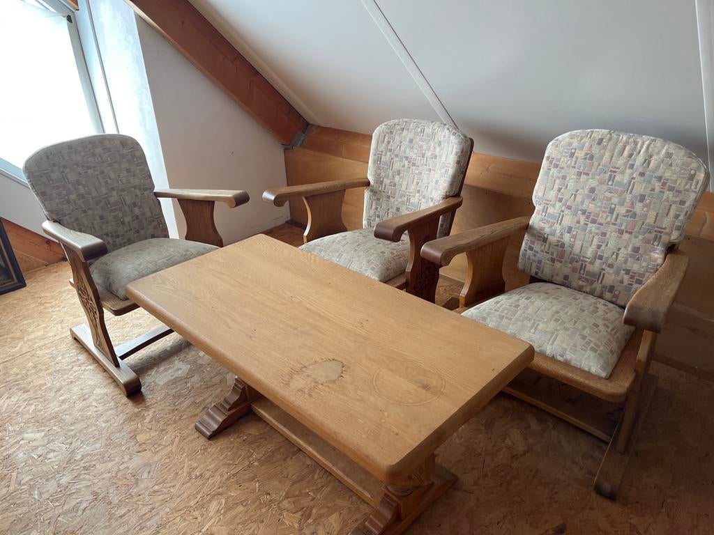 Vooroorlogse, massief eikenhouten salon set (tafel+3x stoel), Ophalen, Gebruikt, Vooroorlogs, Overige kleuren