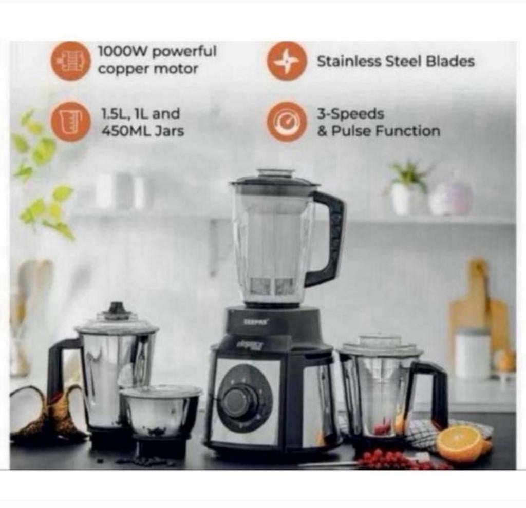 1000W SET 5-in-1 Mixer Blender Juicer 1.5L + bekers rvs, 1 tot 2 liter, Nieuw, 3 snelheden of meer, Ophalen of Verzenden