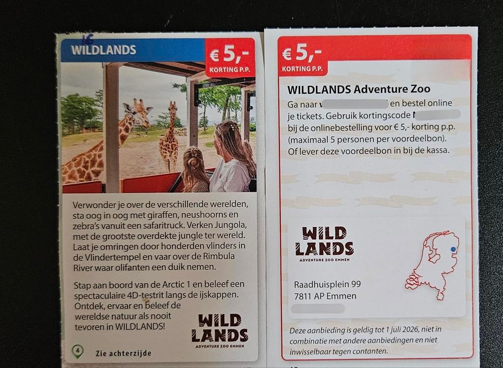 WILDLANDS Adventure Zoo Emmen €5,- korting p.p., Tickets en Kaartjes, Kortingen en Cadeaubonnen
