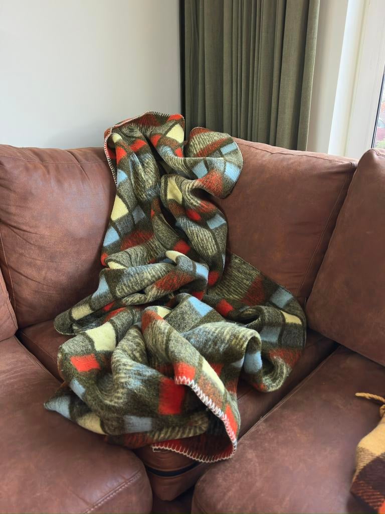 Vintage 100% wollen deken plaid 140x190 | groen oranje blok, Ophalen of Verzenden, Nieuw