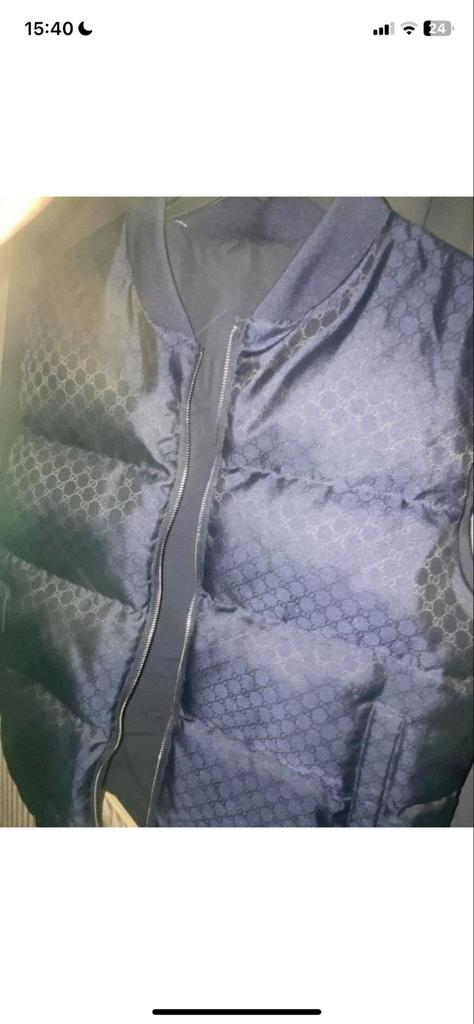 Gucci GG Monogram Puffer Bodywarmer, Ophalen, Gedragen, Maat 52/54 (L), Blauw