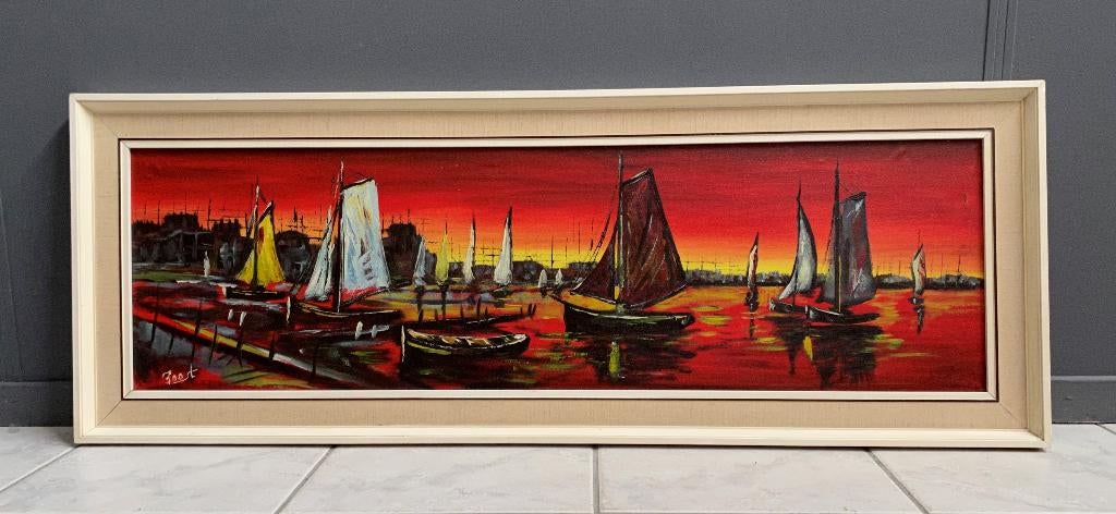 60 jaren schilderij avondrood met boten verf schilderij, Ophalen, Gebruikt, Schilderij, 100 tot 125 cm