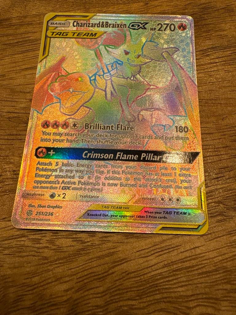 Pokémon Charizard & Braixen GX Rainbow Rare 251/236 (2019), Ophalen of Verzenden, Zo goed als nieuw, Losse kaart, Foil