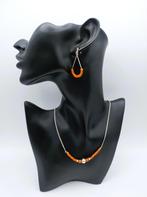 Zilveren ketting en oorbellen met bloedkoraal, 42 cm, Gebruikt, Info@zilverwebsite.nl, Verzenden, Zilverwebsite.nl
