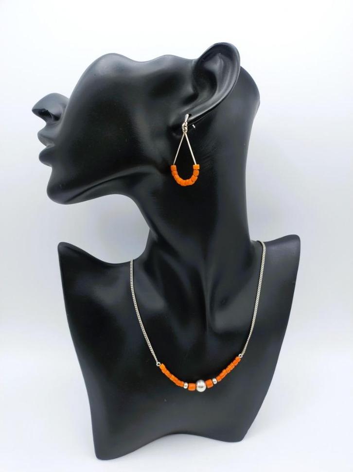 Zilveren ketting en oorbellen met bloedkoraal, 42 cm, Sieraden, Tassen en Uiterlijk, Kettingen, Gebruikt, Zilver, Zilver, Verzenden