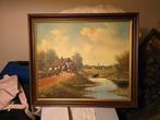 landelijk schilderij met boerderij & rivier gesigneerd, Antiek en Kunst, Ophalen of Verzenden