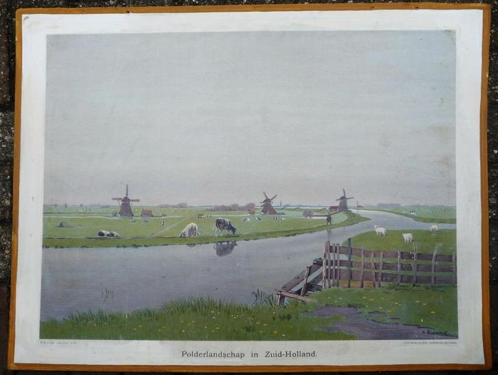 Oude schoolplaat met polder landschap Zuid-Holland, Antiek en Kunst, Antiek | Schoolplaten, Stad- en Dorpsgezichten, Ophalen of Verzenden