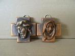 Art deco bronzen kruisbeeld reliëf plaquettes 7x7 Hongarije, Ophalen of Verzenden