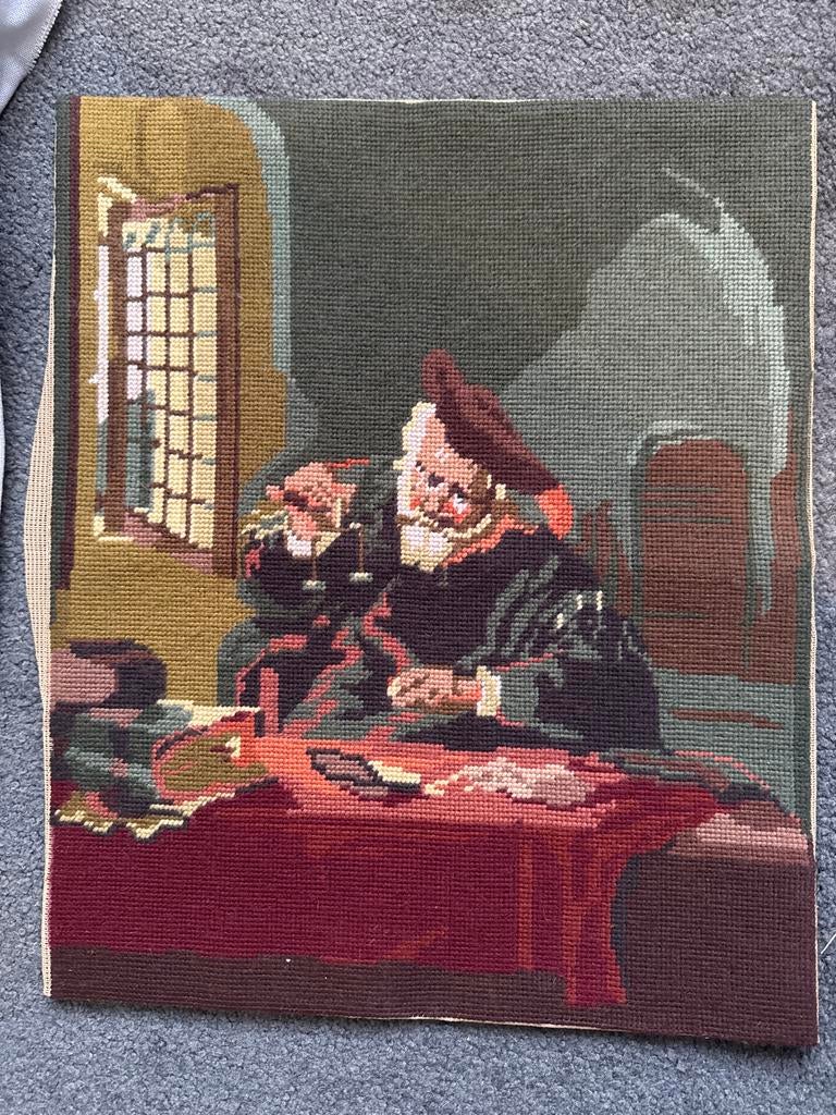 Middeleeuws borduurwerk goudweger 38x47cm, Verzenden, Gebruikt, Handborduren, Overige typen