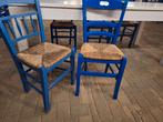 Authentieke traditionele Kretenze houten taverne stoeltjes, Gebruikt, Twee, Blauw, Ophalen of Verzenden