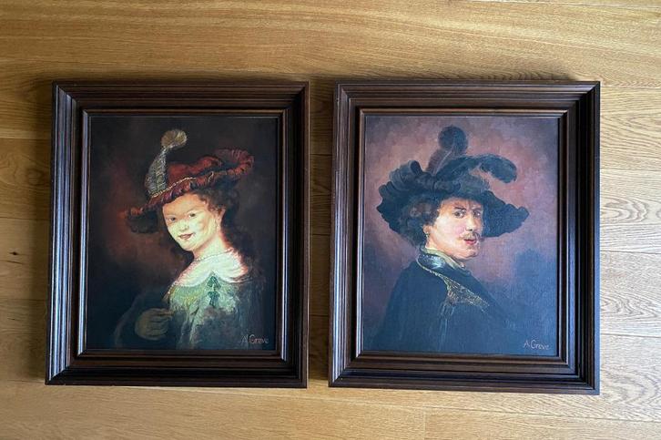 Twee houten lijsten met olieverf op doek, Antiek en Kunst, Kunst | Schilderijen | Klassiek, Ophalen