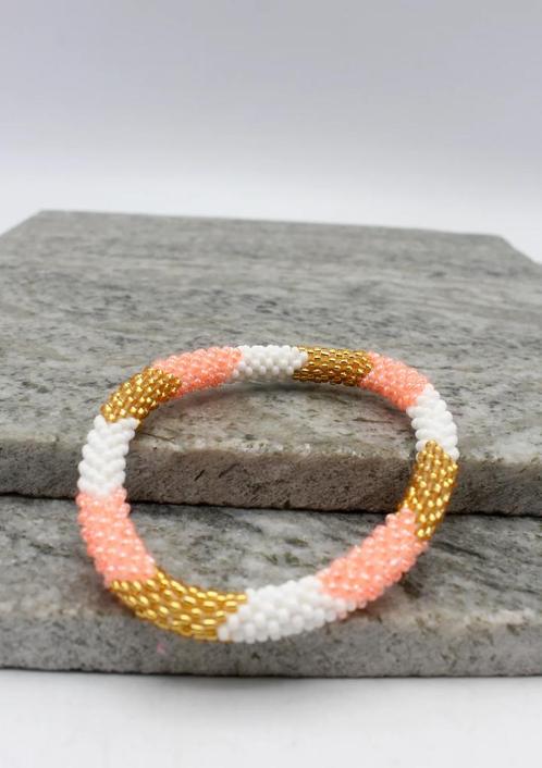 Glaskralen armband - wit, roze en goud - RB209, Sieraden, Tassen en Uiterlijk, Armbanden, Nieuw, Overige materialen, Verzenden