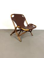Vintage design bamboe lounge stoel met bruine skai zitting, Huis en Inrichting, Stoelen, Ophalen, Gebruikt, Bruin, Eén