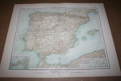 Grote antieke kaart - Spanje en Portugal - 1901 !!, Boeken, Atlassen en Landkaarten, Gelezen, Spanje, Ophalen of Verzenden