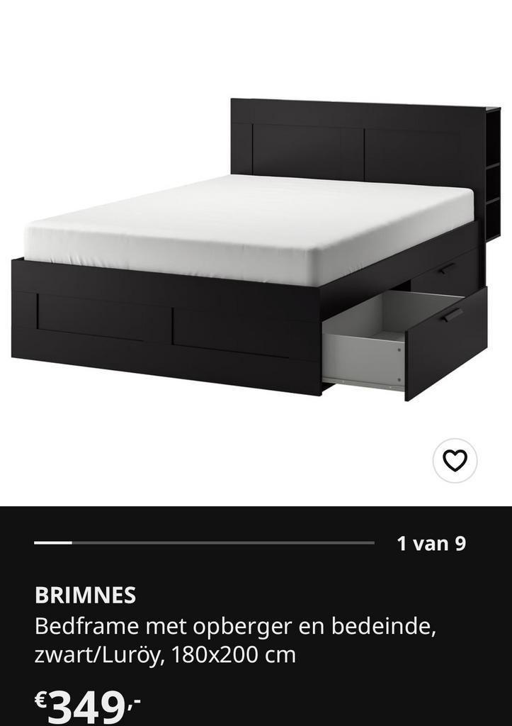 Ikea Brimnes bed 180x200, Huis en Inrichting, Slaapkamer | Bedden, Zo goed als nieuw, Tweepersoons, 180 cm, 200 cm, Hout, Zwart