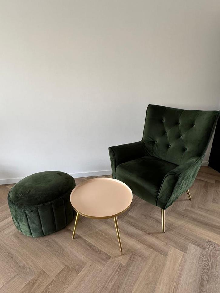 Fauteuil met tafal en poef, Huis en Inrichting, Fauteuils, Zo goed als nieuw, Stof, 75 tot 100 cm, Ophalen