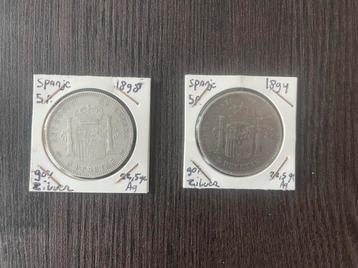 Spanje 2x zilveren 5 pesetas 1894, 1898. Zilver beschikbaar voor biedingen