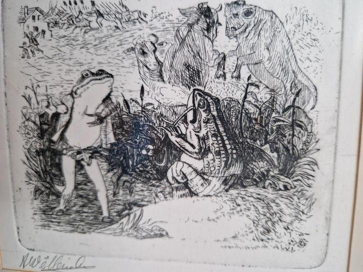 Ets, kikvors en de Os., Antiek en Kunst, Kunst | Etsen en Gravures, Ophalen of Verzenden