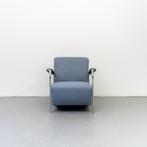 2x Leolux Scylla Fauteuil Lage Rug Blauw Stof - Chroom, Huis en Inrichting, Gebruikt, 75 tot 100 cm, Ophalen of Verzenden, Metaal
