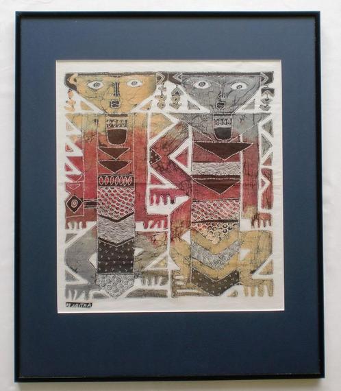 Ingelijst Batik kunstwerk op Textiel – Pragitha, Indonesië, Antiek en Kunst, Kunst | Overige Kunst, Ophalen of Verzenden