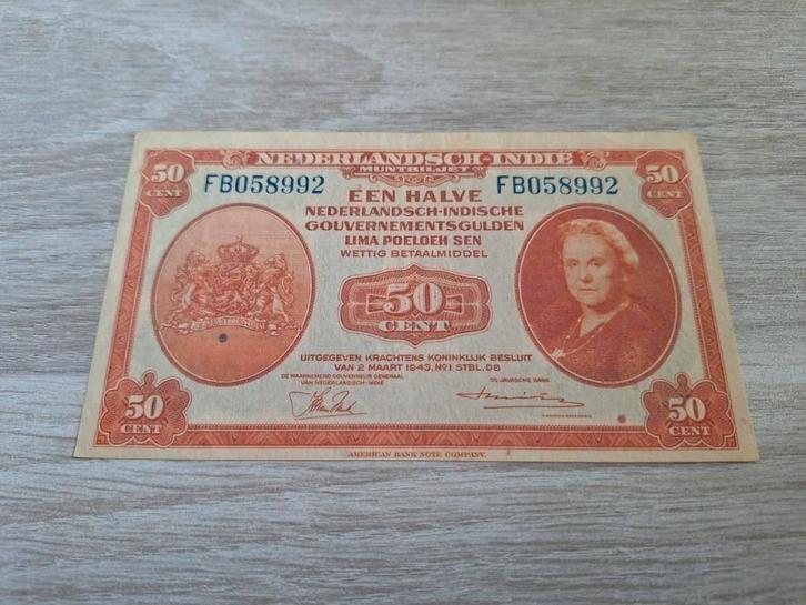Bijna UNC biljet halve gulden Nederlands-Indië, 1943, Postzegels en Munten, Bankbiljetten | Nederland, 10 gulden, Ophalen of Verzenden