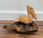Handgemaakte houten pelikaan op stronk - klein +/- 20cm, Antiek en Kunst, Ophalen of Verzenden
