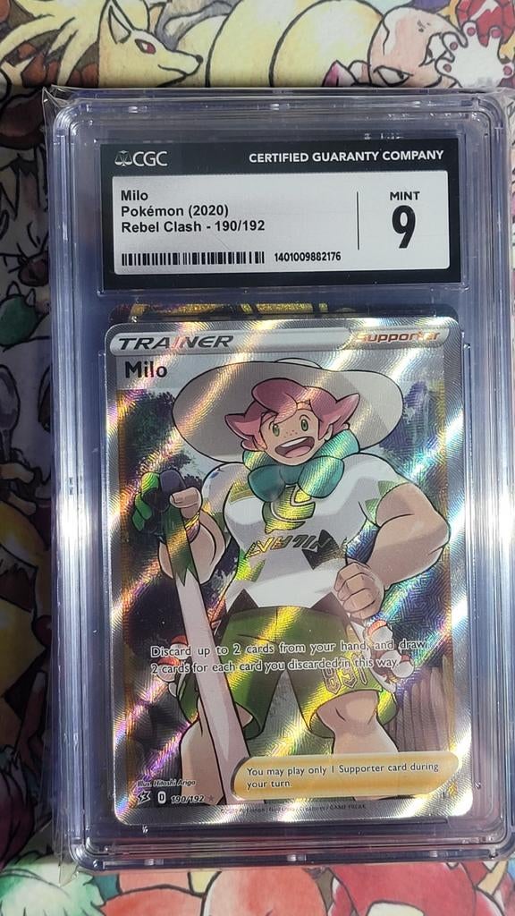 CGC 9 Milo Rebel Clash Pokemonkaart, Ophalen of Verzenden, Zo goed als nieuw, Losse kaart