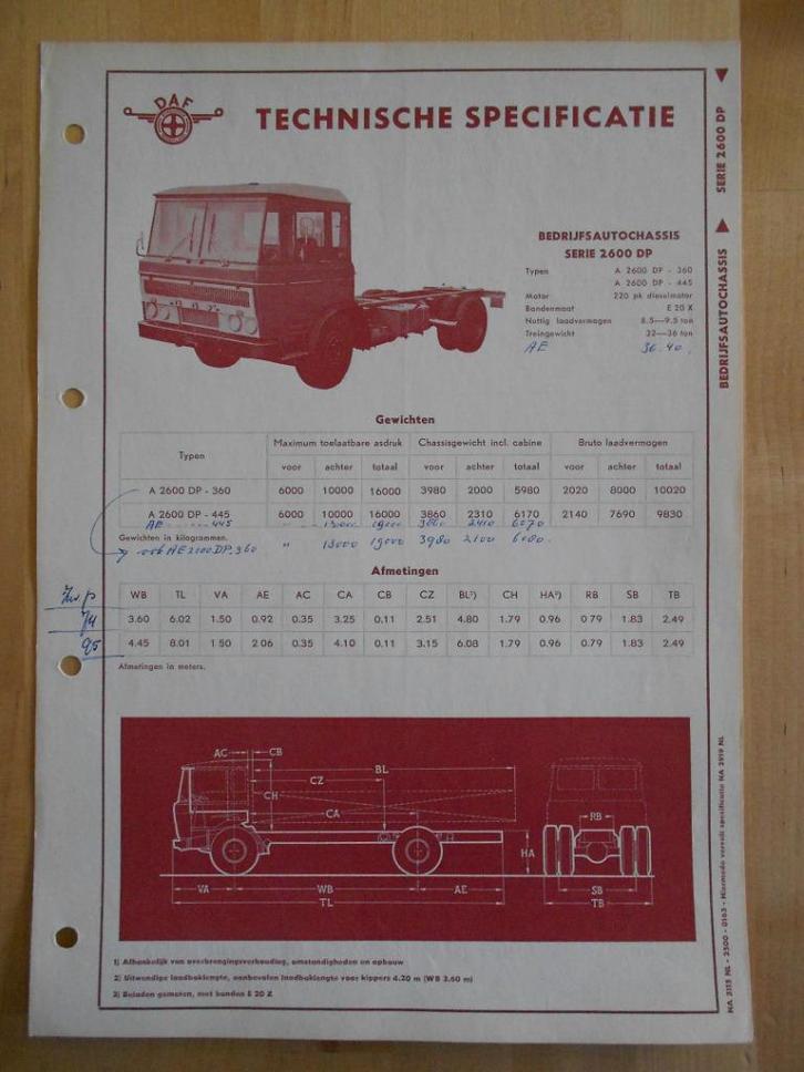 DAF 2600 DP Technische Specificatie folder 1963 2600DP, Boeken, Auto's | Folders en Tijdschriften, Zo goed als nieuw, Overige merken