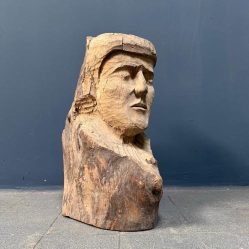 Groot formaat oud uit houten stam gesneden hoofd of gezicht, Antiek en Kunst, Kunst | Beelden en Houtsnijwerken, Ophalen of Verzenden
