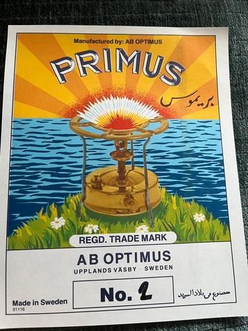 Primus Optimus etiketten petroleumvergasser 