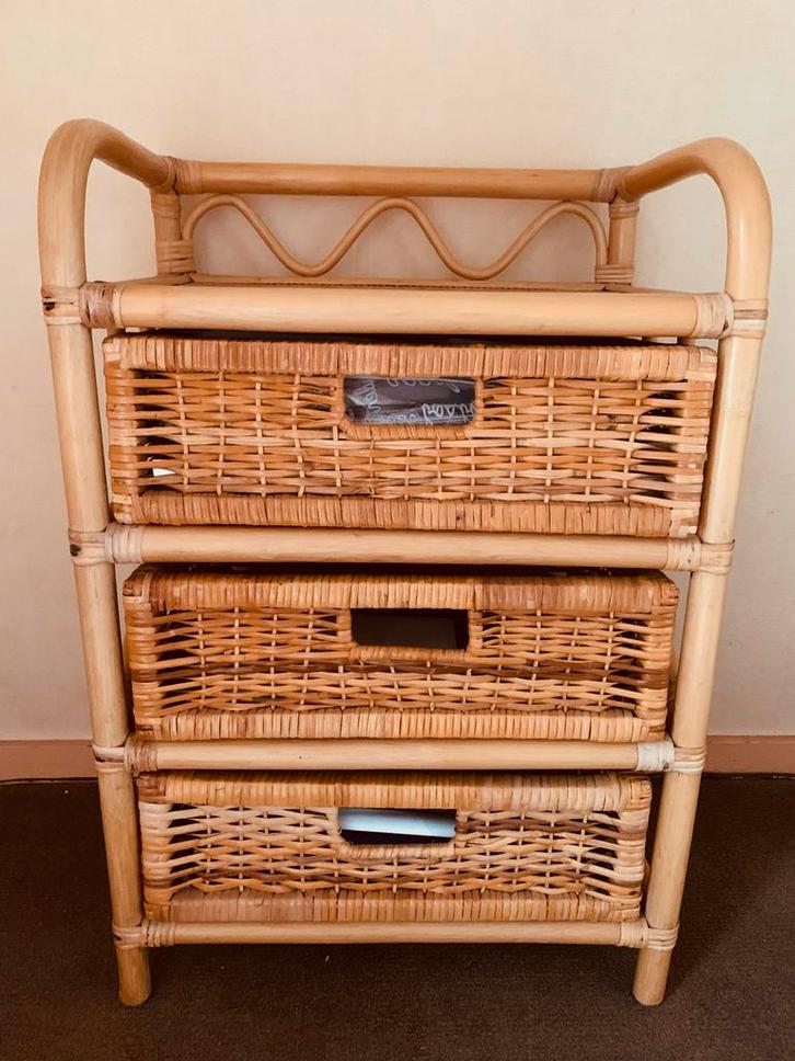 Vintage Rotan Ladekast met 3 Laden, Huis en Inrichting, Kasten | Ladekasten, Gebruikt, Minder dan 100 cm, Minder dan 50 cm, 25 tot 50 cm
