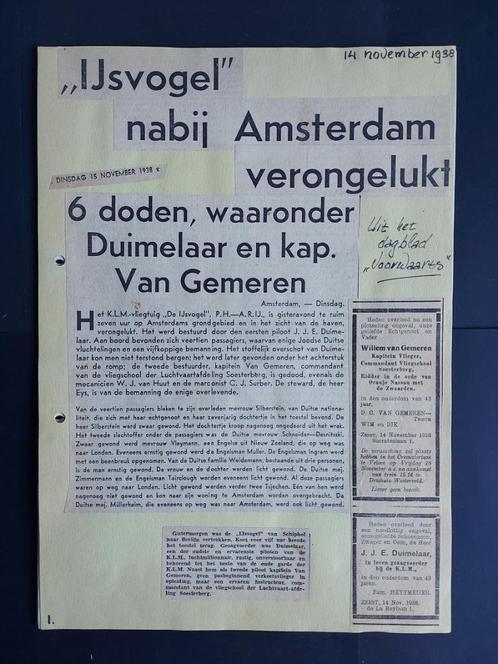 6 bladen knipsels crash KLM DC-3 “IJsvogel” uit 1938 (K1076), Verzamelen, Luchtvaart en Vliegtuigspotten, Gebruikt, Boek of Tijdschrift
