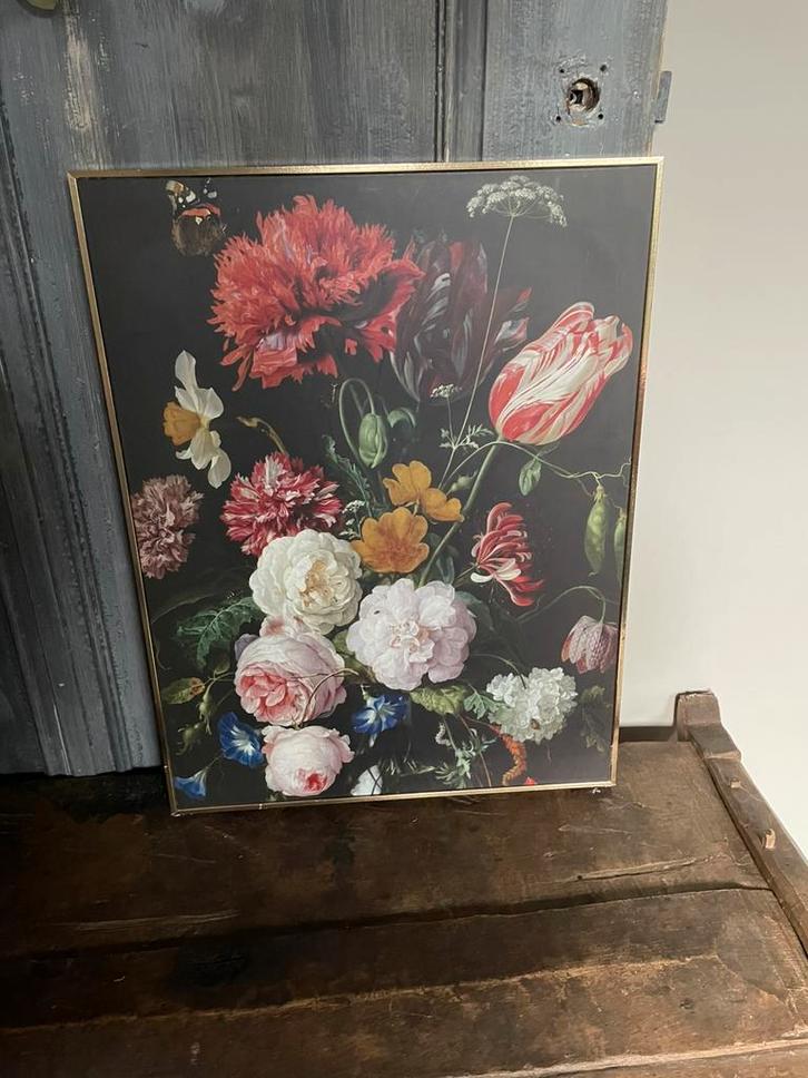 Bloemen schilderij in goud-kleurige lijst, Huis en Inrichting, Woonaccessoires | Schilderijen, Tekeningen en Foto's, Zo goed als nieuw