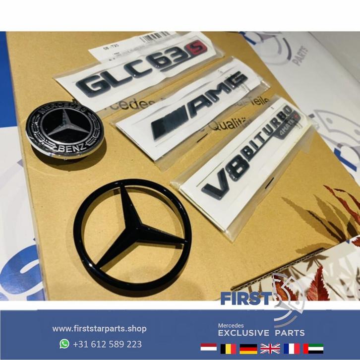 X253 C253 GLC63S 4MATIC+ STER AMG LOGO SET ZWART EMBLEMEN SE, Auto-onderdelen, Carrosserie en Plaatwerk, Mercedes-Benz, Gebruikt