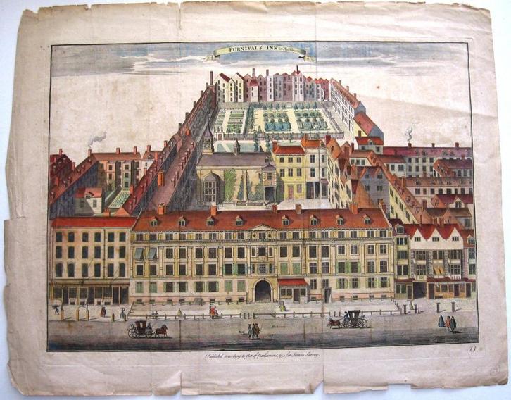 Furnivals Inn in Holbourn 1754 ets/gravure Handgekleurd, Antiek en Kunst, Kunst | Etsen en Gravures, Ophalen of Verzenden