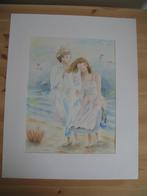 Aquarel Tekening in Zachte Kleuren *Strandwandeling, Antiek en Kunst, Ophalen of Verzenden