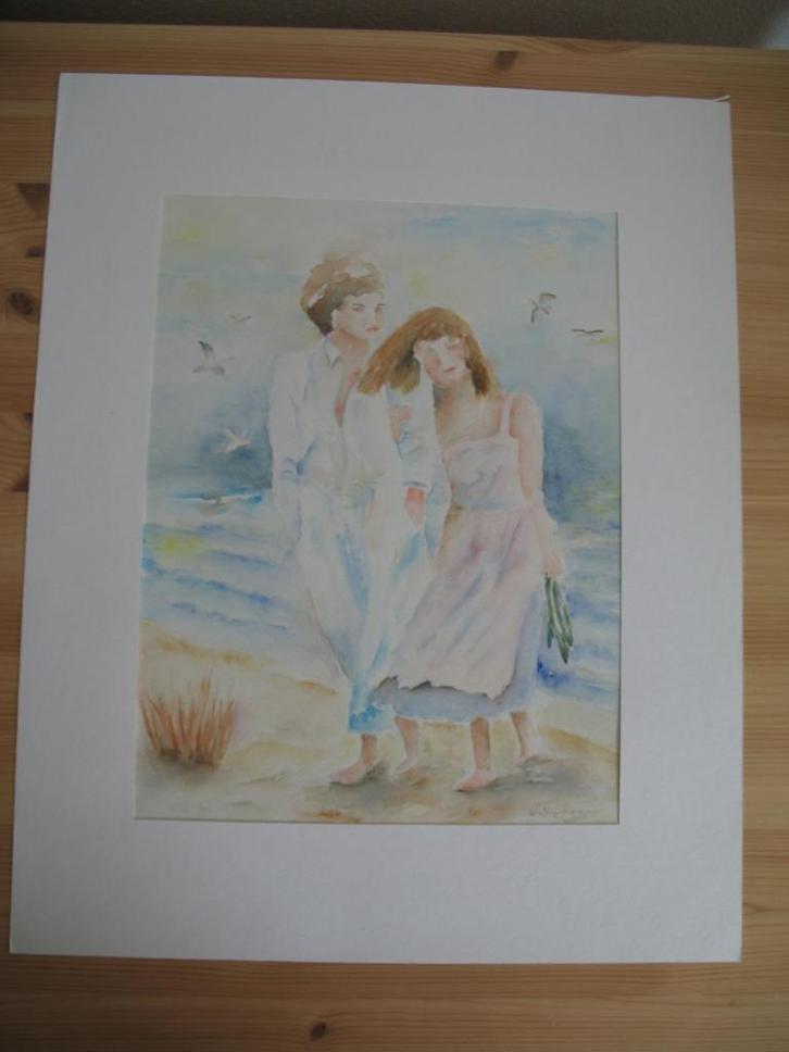 Aquarel Tekening in Zachte Kleuren *Strandwandeling, Antiek en Kunst, Kunst | Overige Kunst, Ophalen of Verzenden