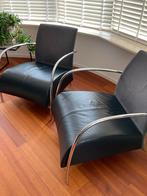 Twee LOMAS Fauteuils - Zwart Leder/Stof, Huis en Inrichting, Fauteuils, Ophalen, Zo goed als nieuw, Design
